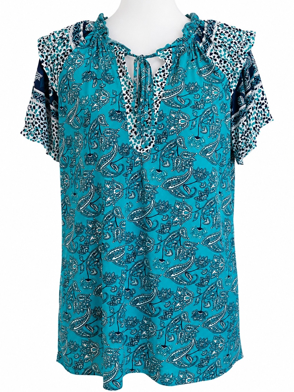 Blue Sol Paisley Tie-Neck Women's Top Size Medium Boho Resort Tropical 70’s Chic